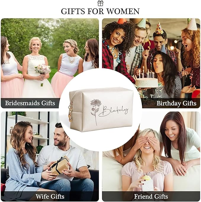 DayOfShe Personalized Name Makeup Bag for Bridesmaid Gifts Bridal Shower Wedding Gifts Custom Travel Toiletry Bag Cosmetic Bag for Best Friend Birthday Gifts
