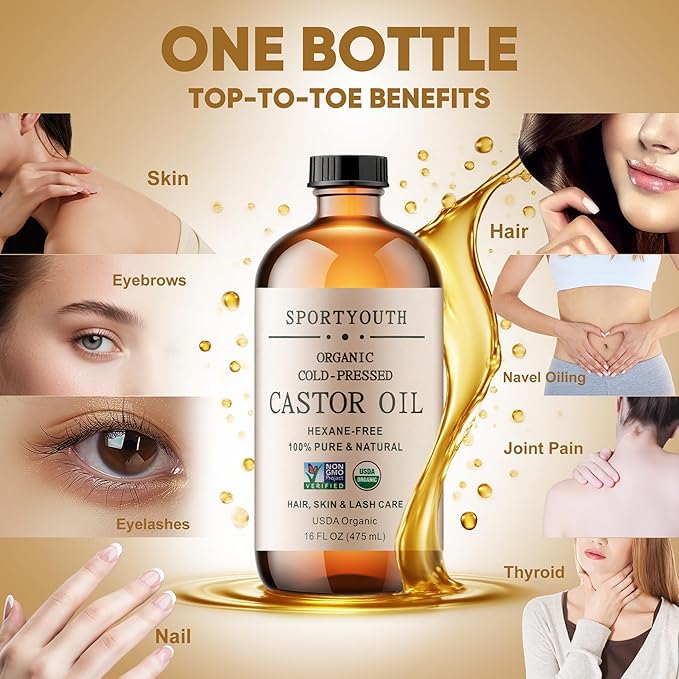 SPORTYOUTH USDA Organic Castor Oil Cold Pressed Hexane Free Glass Bottle