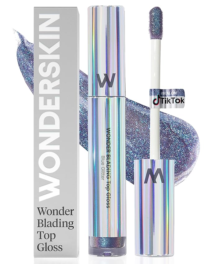 Wonderskin Lip Gloss - Blue Glitter Top Gloss, Long Lasting Gloss