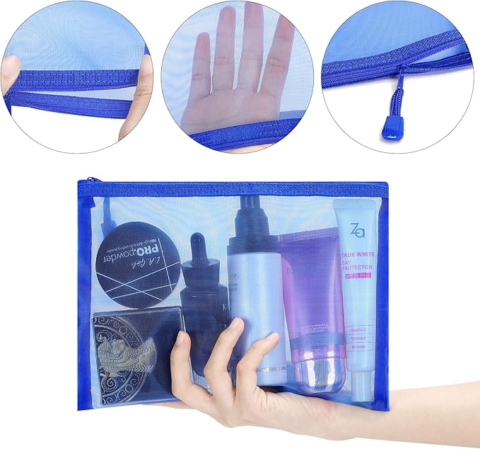 Sinzip 12 Pieces Zipper Nylon Mesh Pouch, Mesh Cosmetic Bags Makeup Bags Pencil Case, Multipurpose Travel Bags for Cosmetic School Office Supplies and Travel Accessories (Blue, A5+B6)