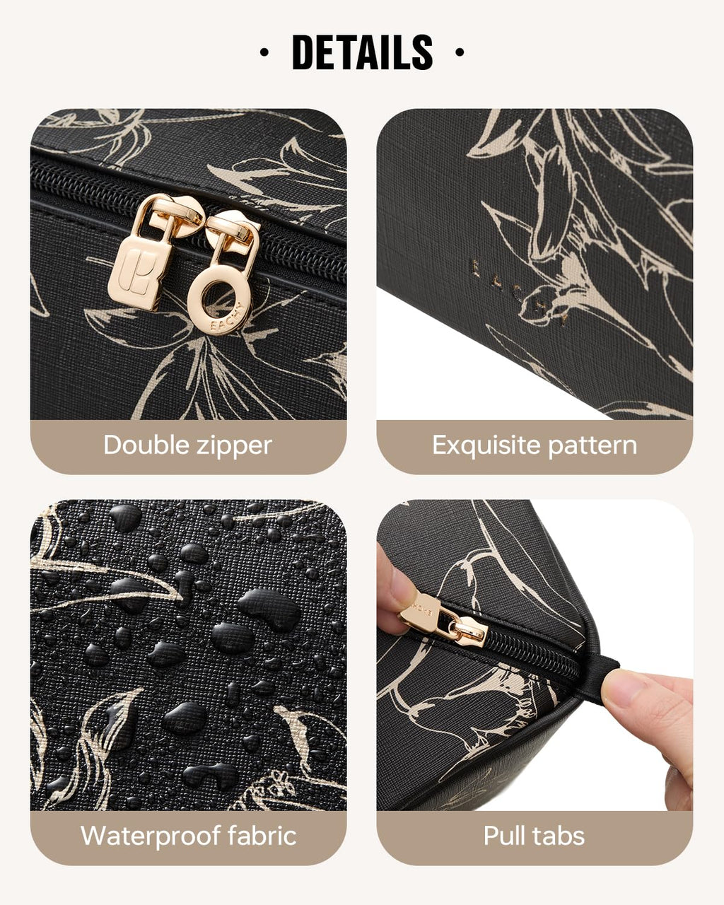 EACHY Travel Makeup Bag,Large Capacity Cosmetic Bags for Women,Waterproof Portable Pouch Open Flat Toiletry Bag Pattern Makeup Bag (F-Black-Large)