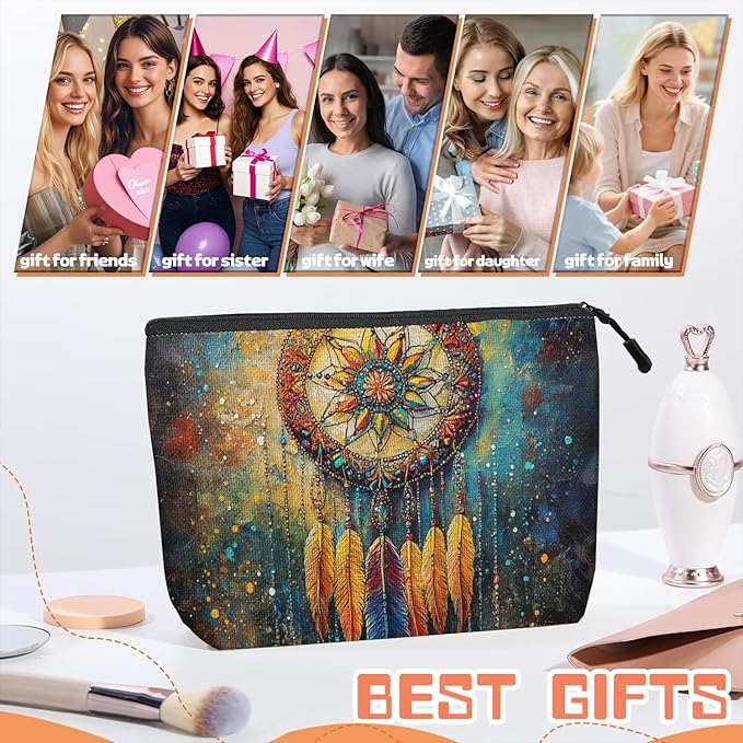 Scribesense Cosmetic Bags Travel Makeup Toilet Case Waterproof Pouch for Women Girls 6.7X9.45inches - Ornate Dreamcatcher With Colorful Feathers And Beads