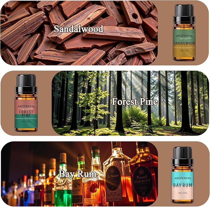 AROPERIMA Gentlemen Fragrance Essential Oil Set - Sandalwood, Forest Pine, Bay Rum, Ocean Breeze, Coffee, Amber 6x10ML for Diffusers, Aromatherapy, Massage, Perfume, Soap Making and Candle