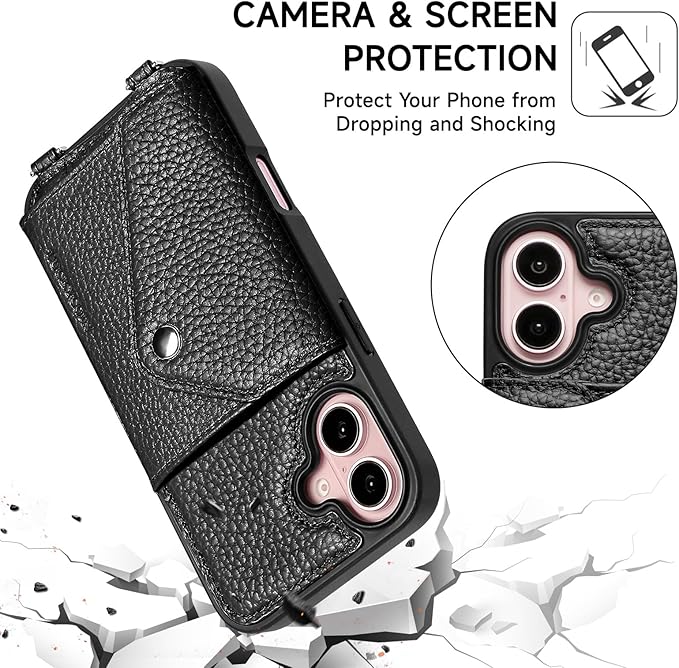 LUCKYCOIN Crossbody Phone Case for iPhone 16,100% Genuine Leather Phone Wallet Case for Women, Fashion Premium Hands-Free Phone Purse with Expandable Flip Card Holder & Adjustable Strap - Pebble Black