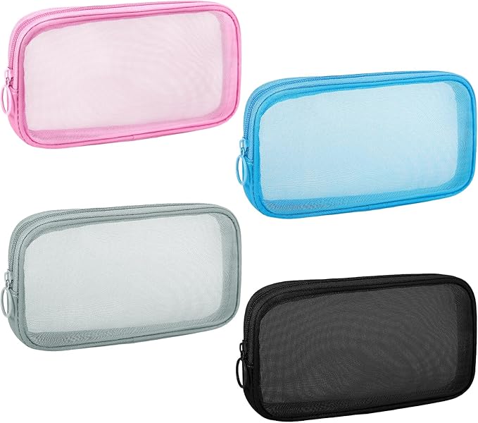 Sinzip 4 Pieces Mini Zipper Nylon Mesh Pouch, Mesh Cosmetic Bags Makeup Bags, Multipurpose Travel Toiletry Bags for Office Supplies and Travel Accessories (Multicolored, M)