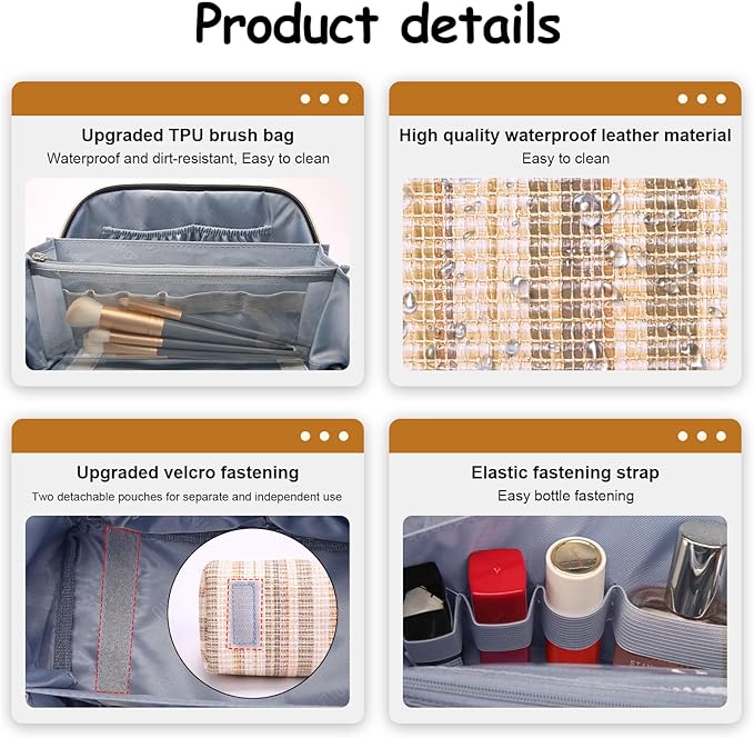 BOYATU Travel Makeup Bag for Women: Large Capacity Open Flat Make up Bag Set of 3 - Vegan Leather Cosmetic Bag with Compartments - Waterproof Toiletry Bag with Handle & Divider(I-4-Gold)