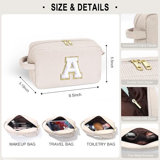 YOOLIFE 2 Small Make Up Bag Makeup Pouch - Travel Makeup Bag Makeup Brush Bag Cosmetic Bag Travel Essentials Girls Makeup Bags for Women Cute Makeup Bag Personalized Gifts for Women Her White Letter C
