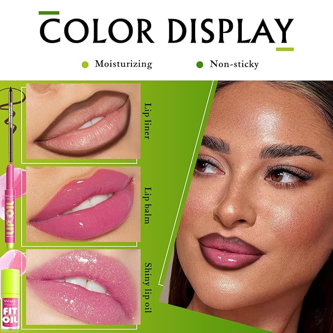 Wugbc Brown Lip Liner & Pink Lip Gloss Set Moisturizing Lip Kit, Smooth Dark Brown Lip Liner Pencil Hydrating Lip Tinted Oil Non Sticky Lip Click Balm Lightweight Long Lasting Daily Lip Care for Women
