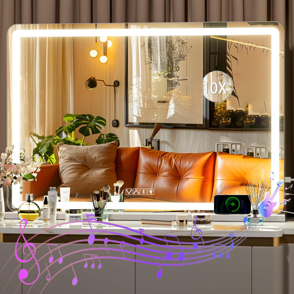 Hasipu Vanity Mirror with Lights, 27.6" x 20" LED Makeup Mirror, Lighted Makeup Mirror with Dimmable 3 Modes, Touch Screen Control Vanity Mirror Round Gold