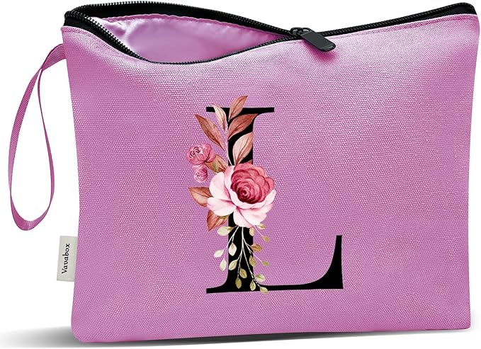 Vavabox A-Z Personalized Makeup Bag, Birthday Gifts for Women Mom, Gifts for Best Friend, Bride Bridesmaid Cosmetic bag (L, 07-Purple)