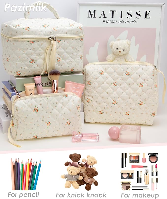 3 Piece Quilted Makeup Bag Set for Women,Cosmetic&Toiletry Bag,Floral White