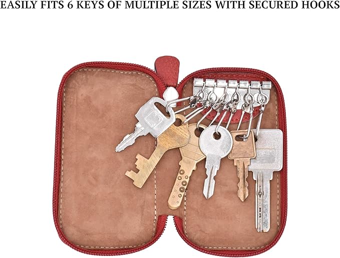 Adamis Full Grain Genuine Leather Keychain Holder Pouch, Key Case, Soft Strong and Compact Organizer and Wallet with Zip Closure for Extra Safety and 6 Key Holder Hooks in Red