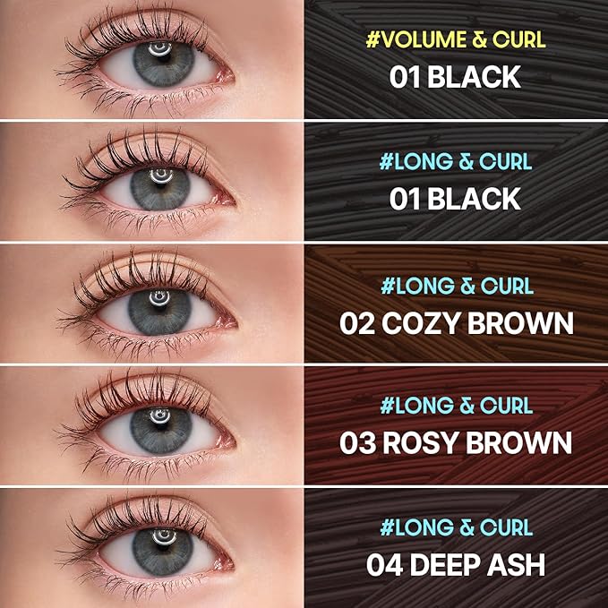 COSNORI Perfect Setting Waterproof Mascara Long&Curl 02 Cozy Brown – Natural Defined Lashes with Long-Lasting Curl Hold, Brown Mascara, Soft Definition for Blue & Green Eyes, 0.23fl oz