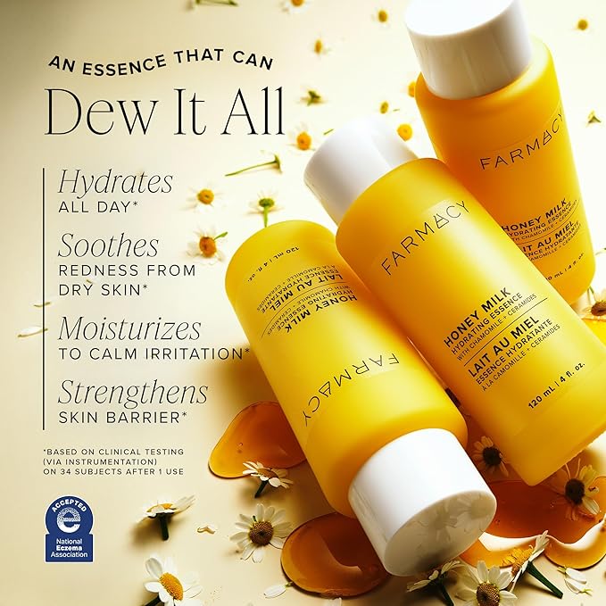 Farmacy Honey Milk Face Essence - Hydrating Milky Toner with Honey, Ceramides, Chamomile + Aloe - Helps Strengthen Skin Barrier + Replenish Moisture - Soothing + Calming Skincare (50ml)