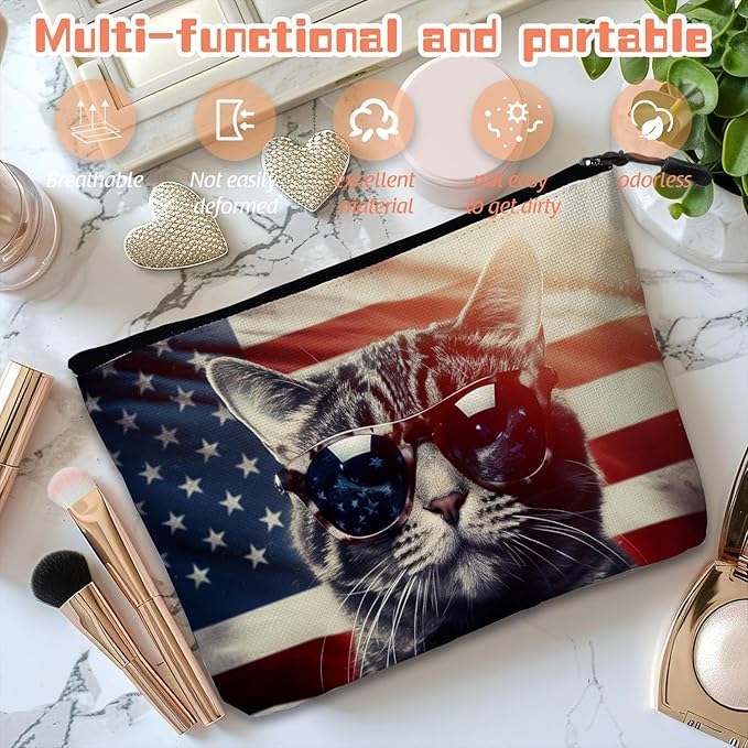 Scribesense Cosmetic Bags Travel Makeup Toilet Case Waterproof Pouch for Women Girls 6.7X9.45inches - Cat Wearing Sunglasses With Flag Reflections in The Lenses
