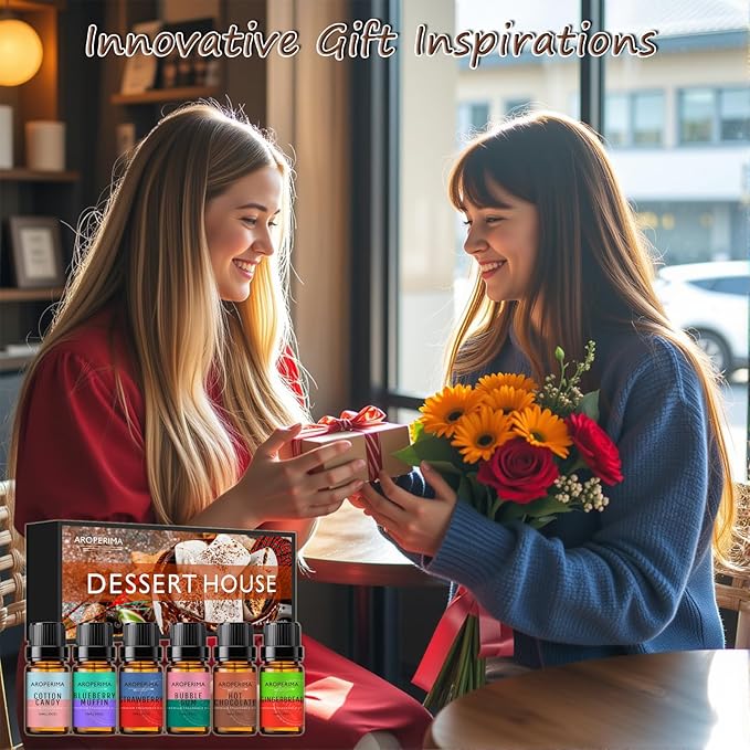 AROPERIMA Dessert House Fragrance Essential Oil Set - Cotton Candy, Blueberry Muffin, Hot Chocolate, Bubble Gum, Strawberry, Gingerbread 6x10ML for Diffusers, Massage, Perfume, Soap Making and Candle