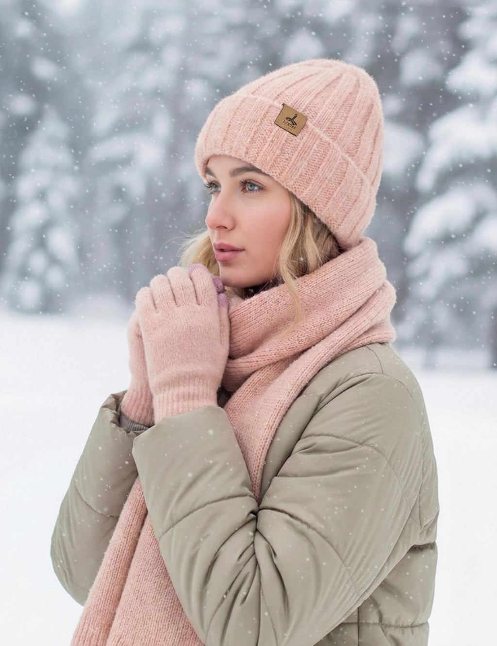 LOROME Winter Beanie Hat Gloves Scarf, Cashmere Hat Gloves Scarf Set Women