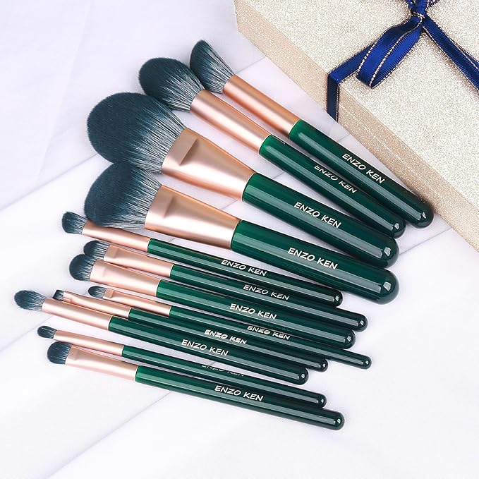ENZO KEN Natural Fiber & Goat Hair Makeup Brush Set Professional, Combined Hair Makeup Brushes Set with Case, Green Cosmetic Brushes Makeup Set, Natural Makeup Brushes, Natural Bristle Makeup Brushes.