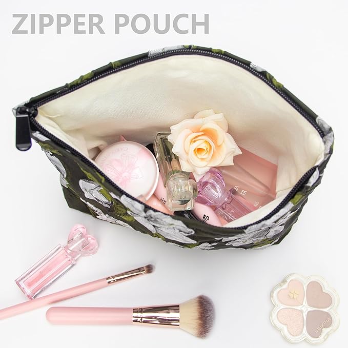 Flat Makeup Bag for Women,Zipper Cosmetic Pouch Purse,Brocade Floral Black