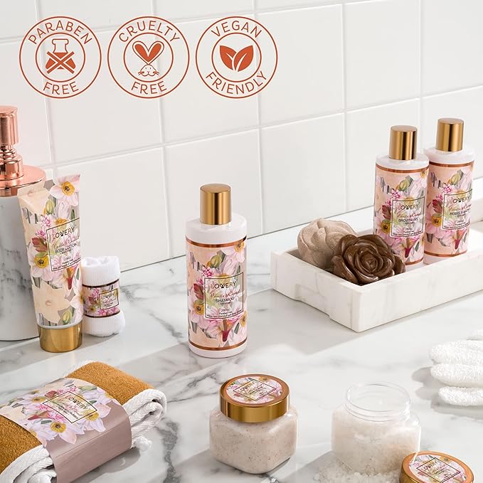 LOVERY Vanilla Coconut Bath & Spa Gift Set, 13pc Spa Gift Basket, Gifts for Women & Men, Bath Bomb, Body Lotion, Bubble Bath & More