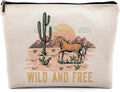 Dwept Wild and Free Cowgirl Cosmetic Bag, Wild West Retro Western Horse Cactus Desert Makeup Bag Zipper Cosmetic Pouch Bag Travel Linen Makeup Organizer, Cowgirl Gifts for Women Girls Teen Girls Her