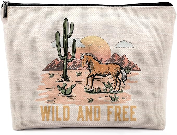 Dwept Wild and Free Cowgirl Cosmetic Bag, Wild West Retro Western Horse Cactus Desert Makeup Bag Zipper Cosmetic Pouch Bag Travel Linen Makeup Organizer, Cowgirl Gifts for Women Girls Teen Girls Her