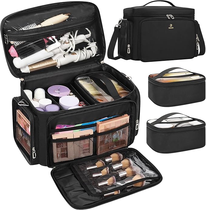 TANTO Large Makeup Organizer Bag, Professional Makeup Artist Bag Portable Travel Makeup Organizer with Detachable Dividers, 2 Pouches & Shoulder Strap, Cosmetic Storage for Beauty Enthusiasts