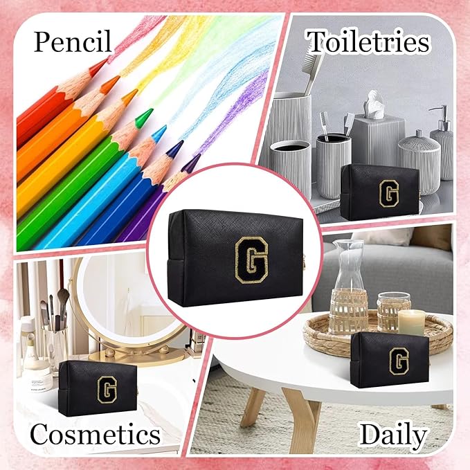 Small Personalized Letter Makeup Bag, Cute PU Leather Chenille Letters Cosmetic Bag Travel Makeup Pouch, Preppy Travel Organizer Zipper Pouch for Women&Girls（Black-G）