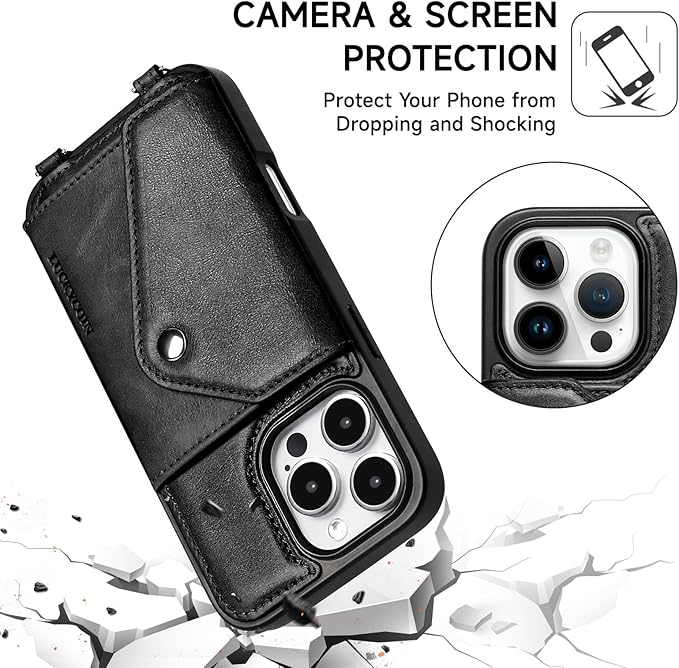 LUCKYCOIN Crossbody Phone Case for iPhone 16 Pro,100% Genuine Leather Phone Wallet Case for Women, Premium Hands-Free Phone Purse with Expandable Flip Card Holder & Adjustable Strap - Retro Black