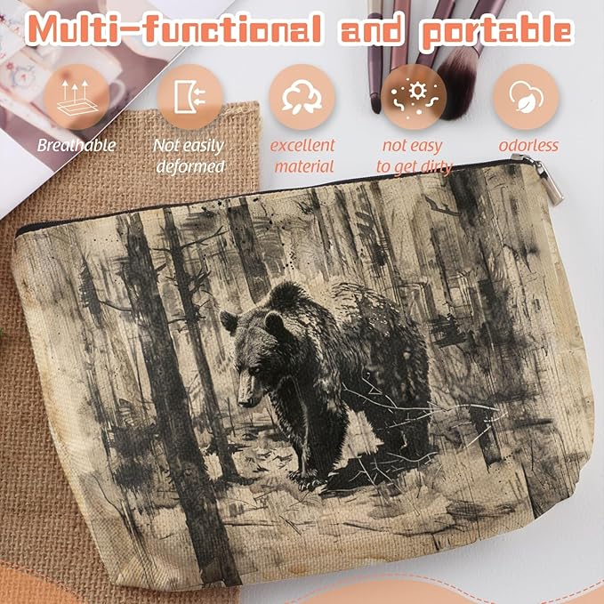 Scribesense Makeup Bag Travel Cosmetic Bags Small Makeup Case Waterproof Zipper Pouch for Women Girls 7X9inches - Brown Bear Roaming Through A Textured Forest