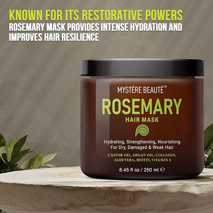 MYSTÉRE BEAUTÉ Rosemary Deep Conditioning Hair Mask for Dry Damaged Hair and Growth with Collagen Argan Oil - Rosemary Oil Leave in Conditioner aceite de romero puro y natural 8.5 fl oz x 2 Pack