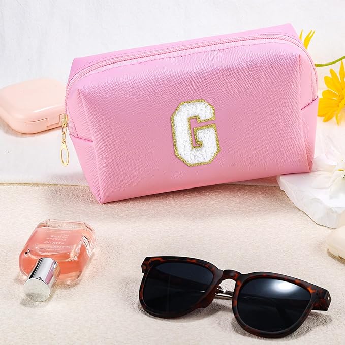 Initial Makeup Bag Personalized Preppy Travel Small Cosmetic Bag Cute PU Pink Chenille Letter Makeup Pouch for Purse Waterproof Zippered Toiletry Organizer for Women Girls Kids Friends (G)