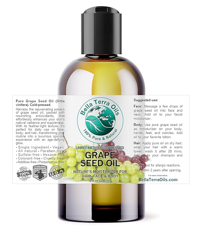 Bella Terra Oils - Natural Grape Seed Oil 8 oz - Dive into Natural Grape's Nutritional Power, Packed with Antioxidants & Omega-6, Elevate Your Skin Care Essence