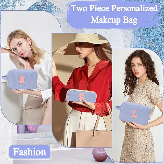 Sernaxi Personalized Initial Makeup Bag Trendy Stuff Corduroy Cosmetic Bag Travel Toiletry Bag, Valentine’s Day Gift Makeup Organizer Case & Makeup Pouch for Women Teen Girls Mom Girlfriend Wife