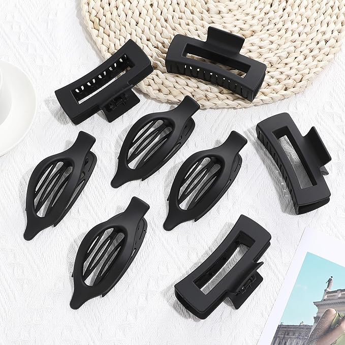 CHANDAT Hair Clips for Women 4.3 Inch Large Hair Claw Clips 8 pcs Square Claw Clips & Flat Hair Clips for Thick or Thin Hair French Concord Hair Barrettes Alligator Hair Accessories for Women (Black)