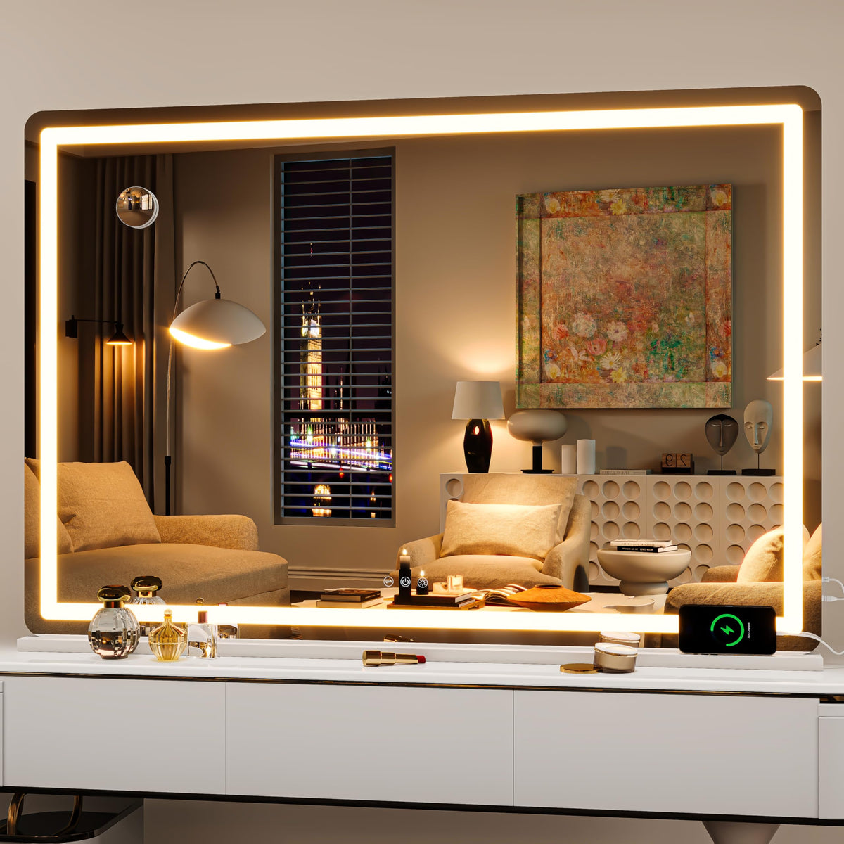 Hasipu Vanity Mirror with Lights, 27.6" x 20" LED Makeup Mirror, Lighted Makeup Mirror with Dimmable 3 Modes, Touch Screen Control Vanity Mirror Round Gold