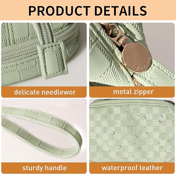 Abiudeng Large Makeup Bag for Women,Travel Makeup Organizer with Brush Holder, Dopp Kit Essentials,Waterproof Checkered Cosmetic Bag for Traveling,Multi Compartment,Cute,Spacious Capacity-Green