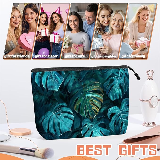 Scribesense Cosmetic Bags Travel Makeup Toilet Case Waterproof Pouch for Women Girls 6.7X9.45inches - Tropical Monstera Leaves in A Deep Teal Hue