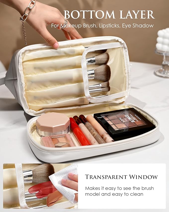 Gifts for Her, Initial Large Makeup Bags, Personalized Double Layer Cosmetic Bag with Makeup Brush Organizer, Waterproof, PU Leather Travel Toiletry Bag Wedding Gifts, Bridesmaid Gifts