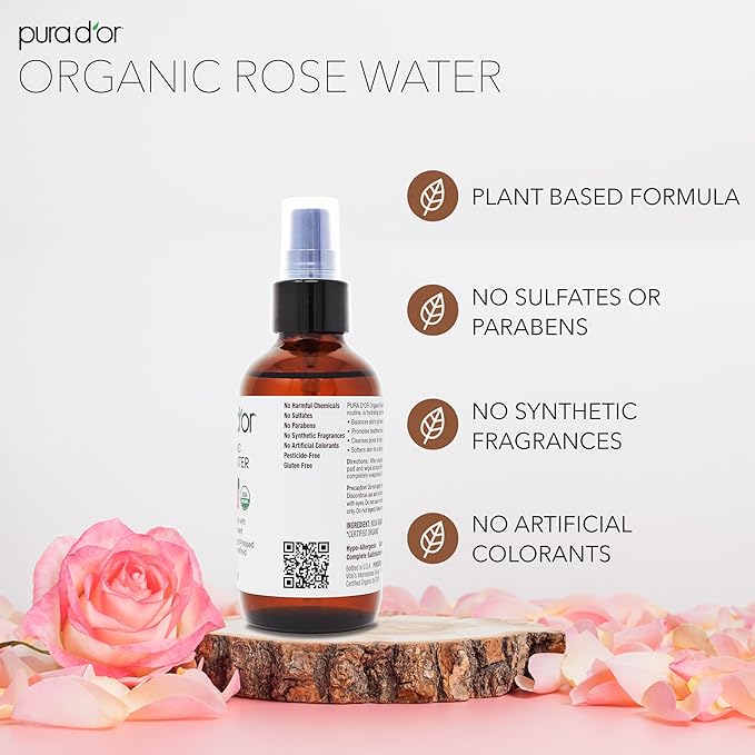 PURA D'OR 4 Oz ORGANIC Rose Water Toner - USDA Certified 100% Pure Full Skin Hydration, Control Excess Oils- Cleanses & Softens - Promotes Healthy Skin - For All Skin Types, Ayurvedic Skin Care