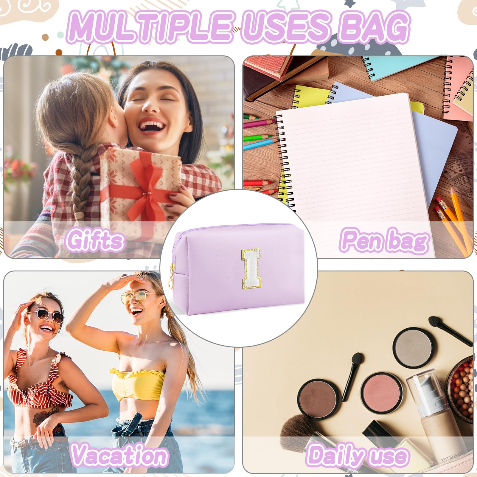 URSKYTOUS Gifts for Girls Initial Makeup Bag Personalized Cosmetic Bag with Zipper Cute Travel Toiletry Bag Waterproof PU Preppy Makeup Pouch Birthday Gift for Teen Girls Women(Purple I)
