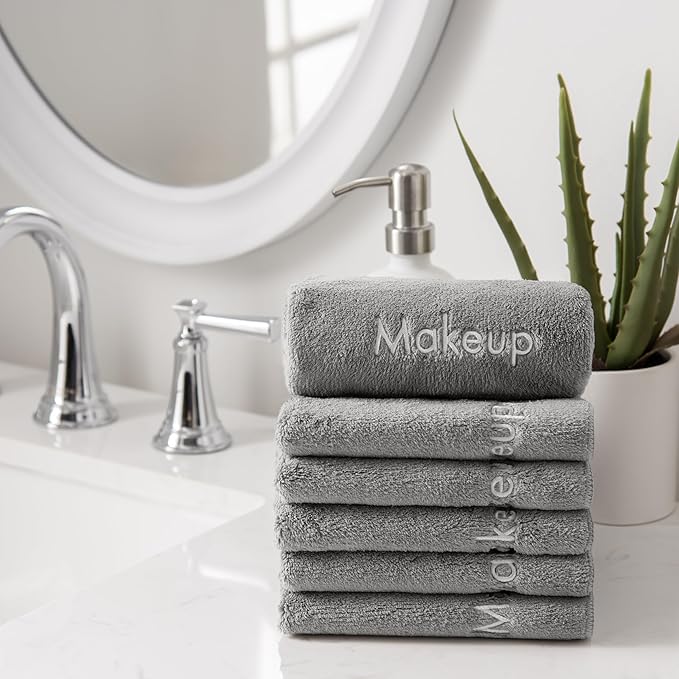 Arkwright Makeup Remover Cloths 6 Pack - Microfiber Coral Fleece Face Towels, Ultra Soft Reusable Washcloths, Gentle Facial Cleansing for Waterproof Makeup, 13 x 13, Grey
