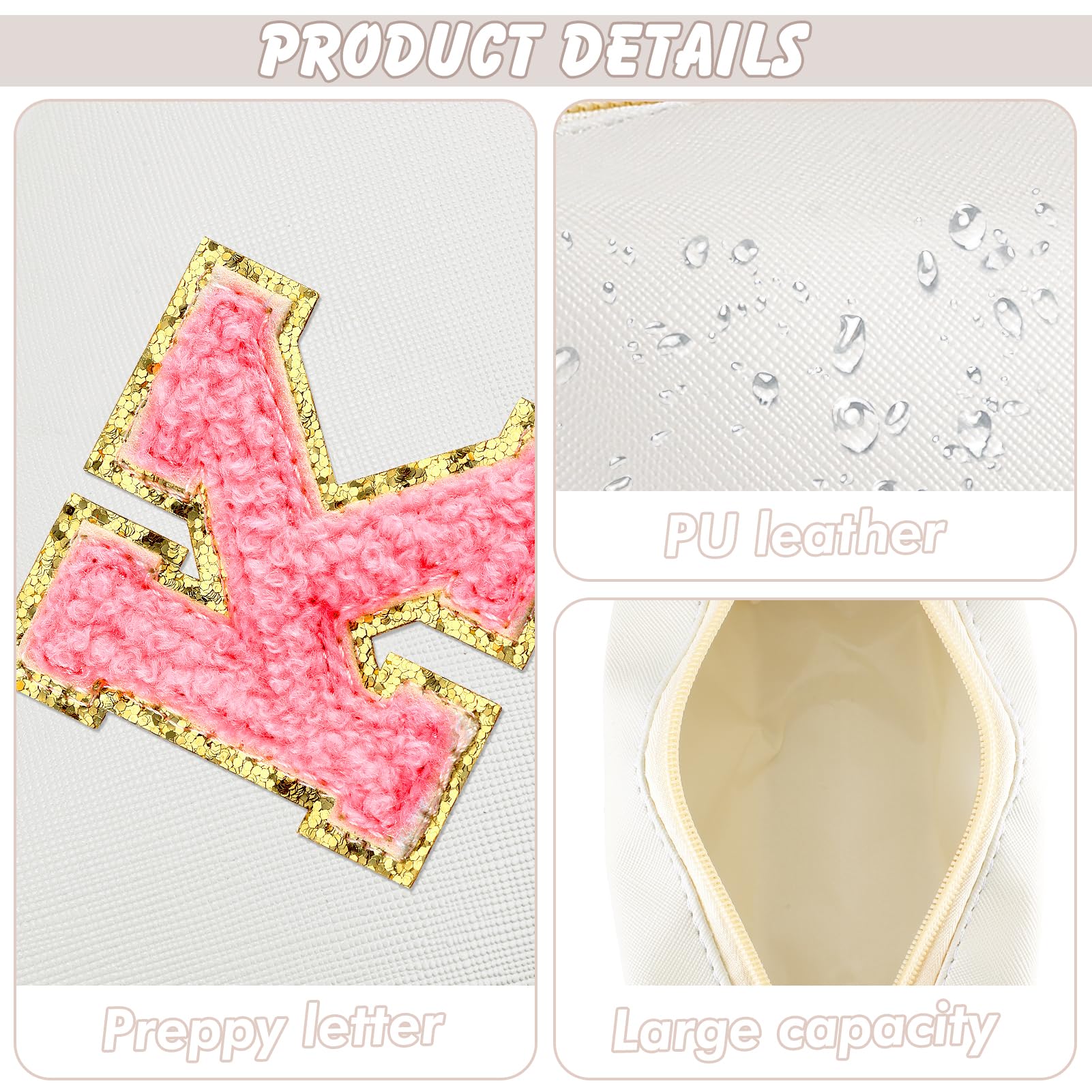 URSKYTOUS Initial Makeup Bag Personalized Preppy Travel Small Cosmetic Bag Cute PU White Chenille Letter Makeup Pouch for Purse Waterproof Zippered Toiletry Organizer for Women Girls Kids Friends (K)