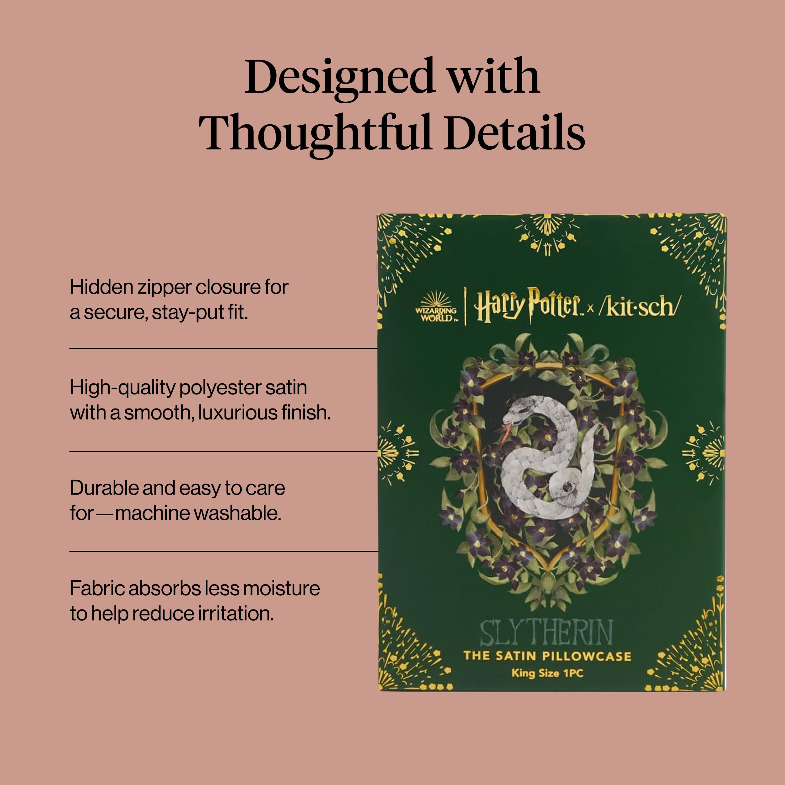 Kitsch & Harry Potter Satin Pillowcase W/Zipper - Size 19x36, Slytherin