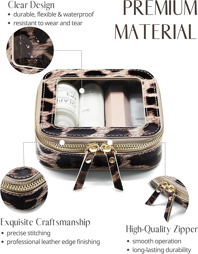 Small Makeup Bag for Purse Accessories Women Clear Cosmetic Mini Pouch Car Essentials Bag Leopard Print Clear Leather Make Up Travel Bag Organizer with Zipper Cute Compact Cheetah Little Toiletry Bag