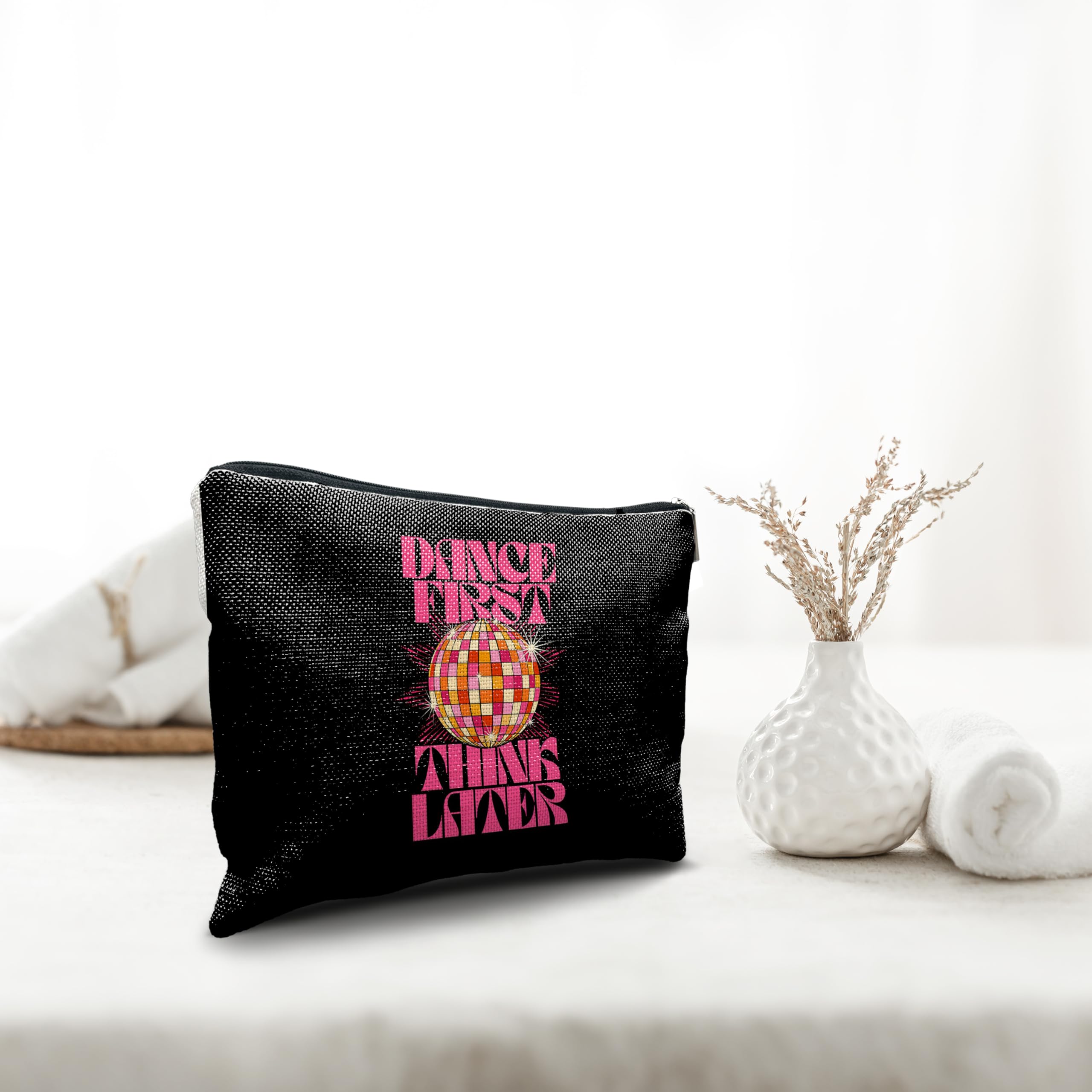 Nogrit Dancer Makeup Bag,Dance First Think Later Trendy Hot Pink Disco Ball Inspirational Makeup Travel Toiletry Bag,Dancing Gifts for Women,Gifts for Dance Lovers