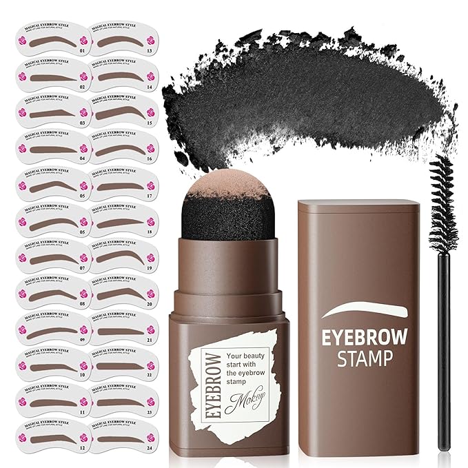 Eyebrow Stamp Stencil Kit with Brush, Smudge-Proof Brow Shaping Kit with 24 Reusable Eyebrow Stencils for Voluminous Brow (Black)