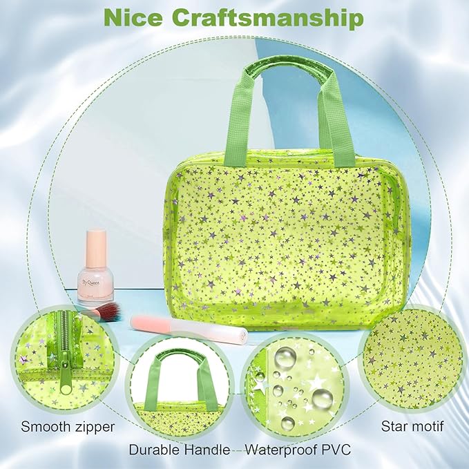 Junesters Large Clear Makeup Bag 12x5x8 Green Star Pattern - Waterproof PVC Travel Cosmetic Organizer with Handle, Durable Transparent Toiletry Case for Women Girls Travel Gym Beach Storage