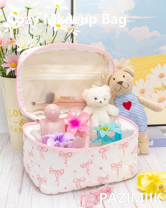 3 Piece Quilted Makeup Bag Set for Women,Cosmetic&Toiletry Bag,Bow Pink
