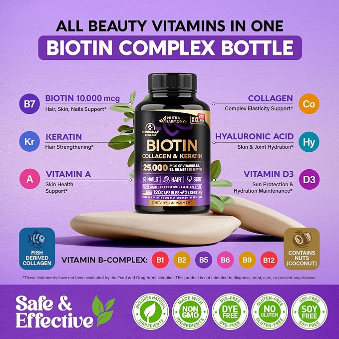 Biotin, Collagen, Hyaluronic Acid & Keratin - Hair Growth Support, 120 Caps